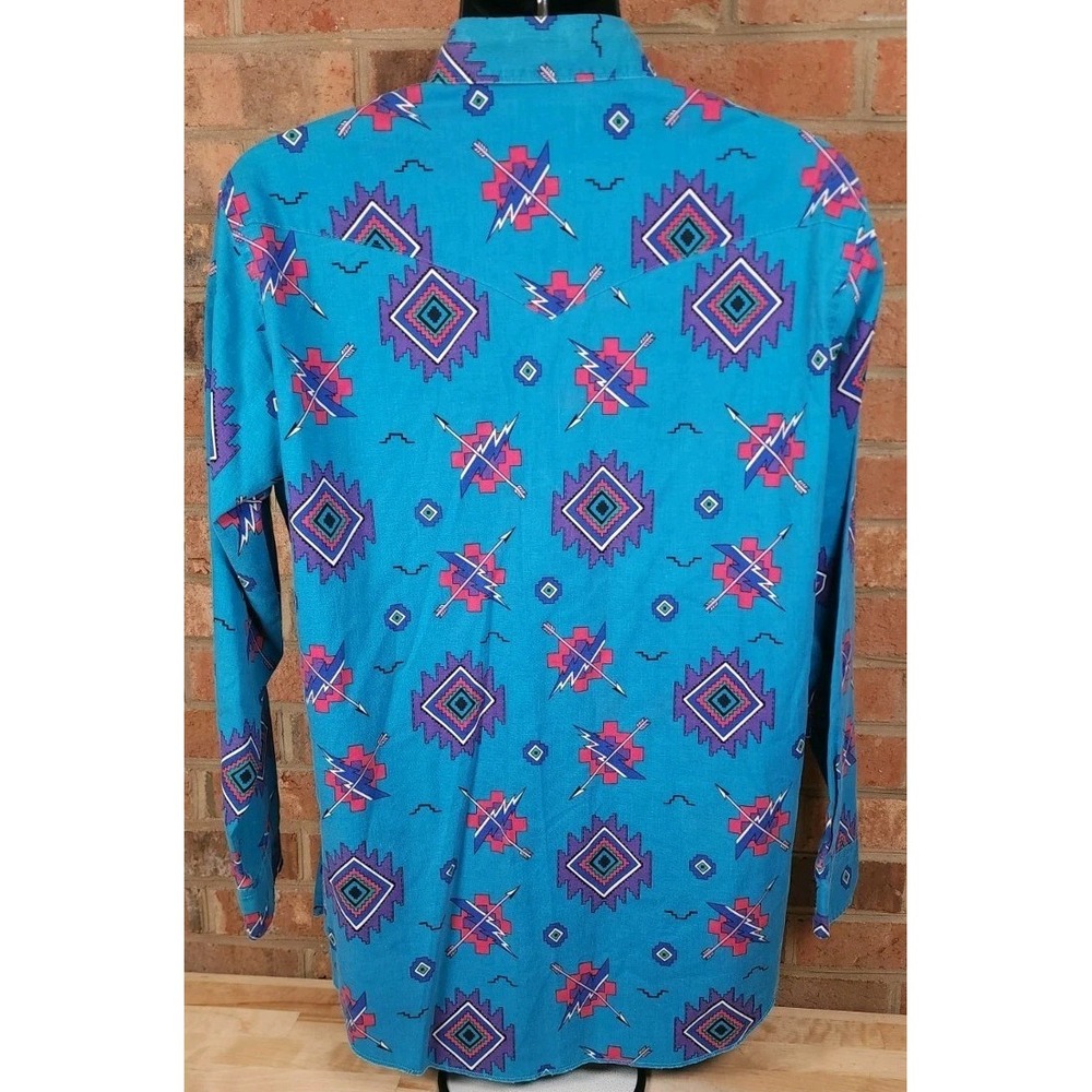 Wrangler Brushpopper Shirt Size XL 16.5 34 Blue Aztec Cowboy Western Southwest - Picture 3 of 7